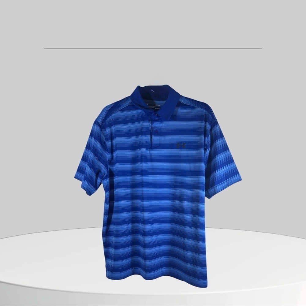 Under Armour Polo Shirt Men's Large Blue Stripe Golf Performance Heatgear Loose